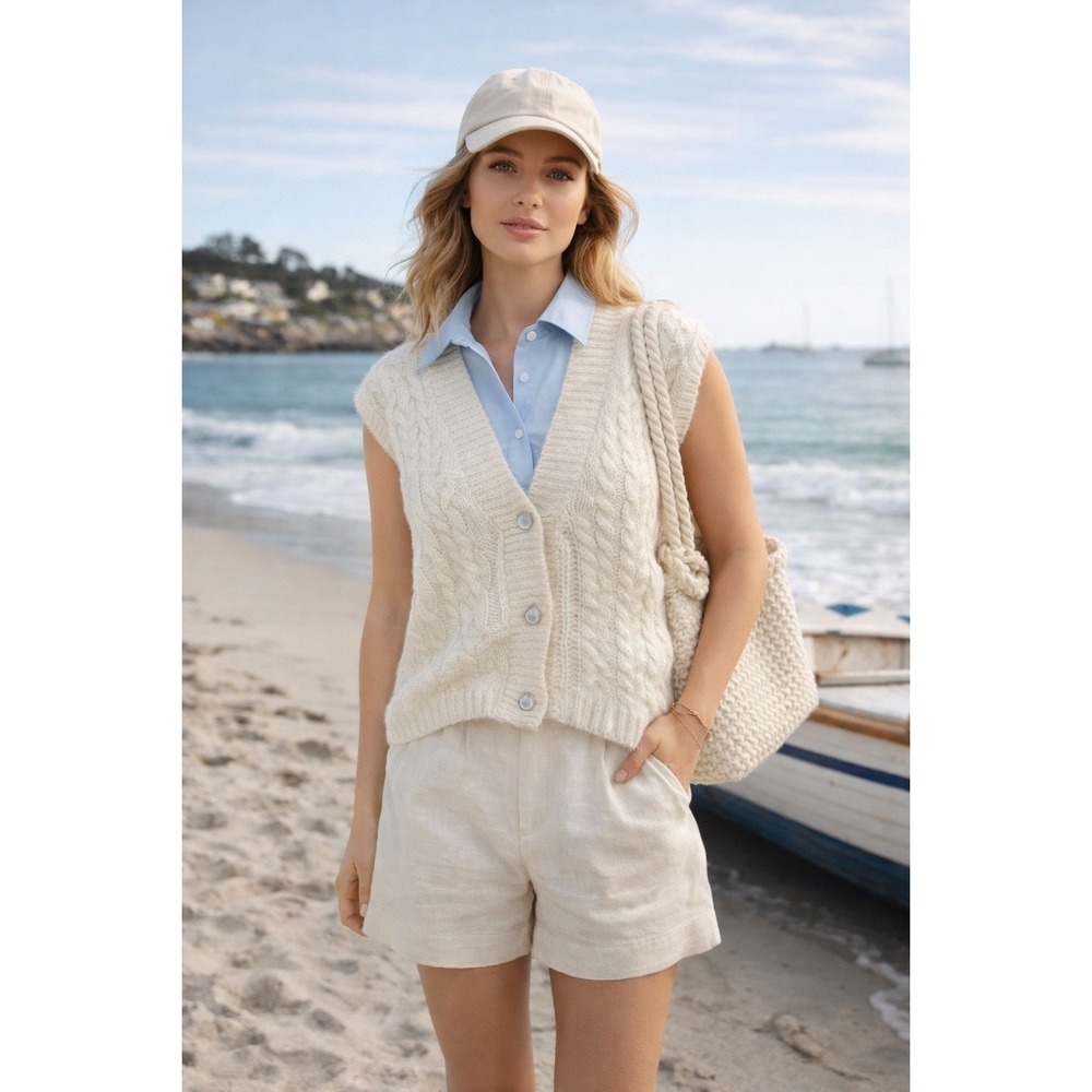 POL Cable Knit Cardigan Sweater Vest Sz M Oversized Fisherman Old Money Heritage